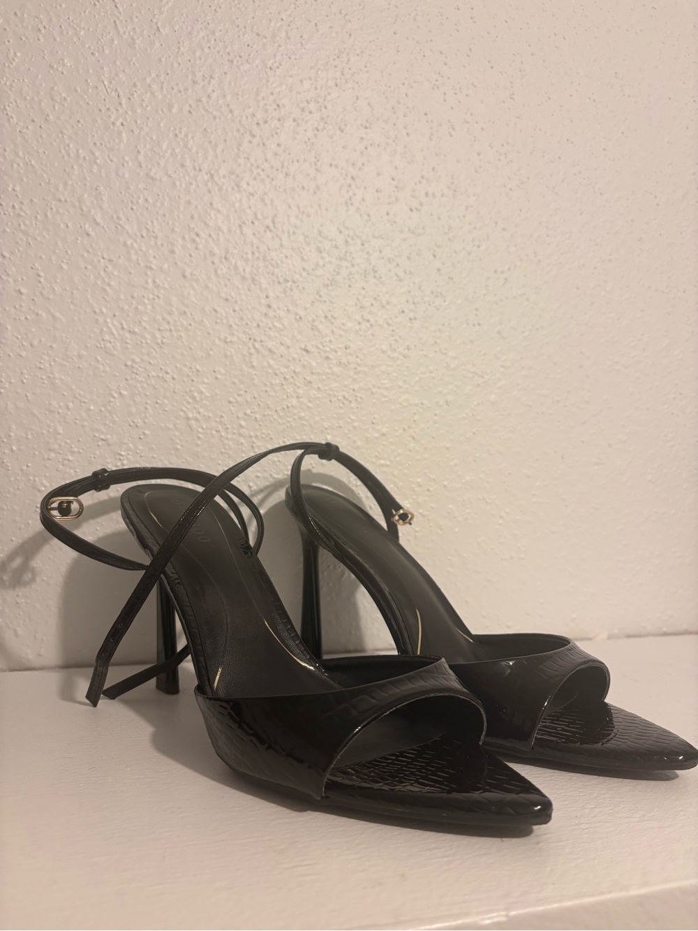 Patent Black Pointed-Toe Stiletto Sandals with Ankle Strap